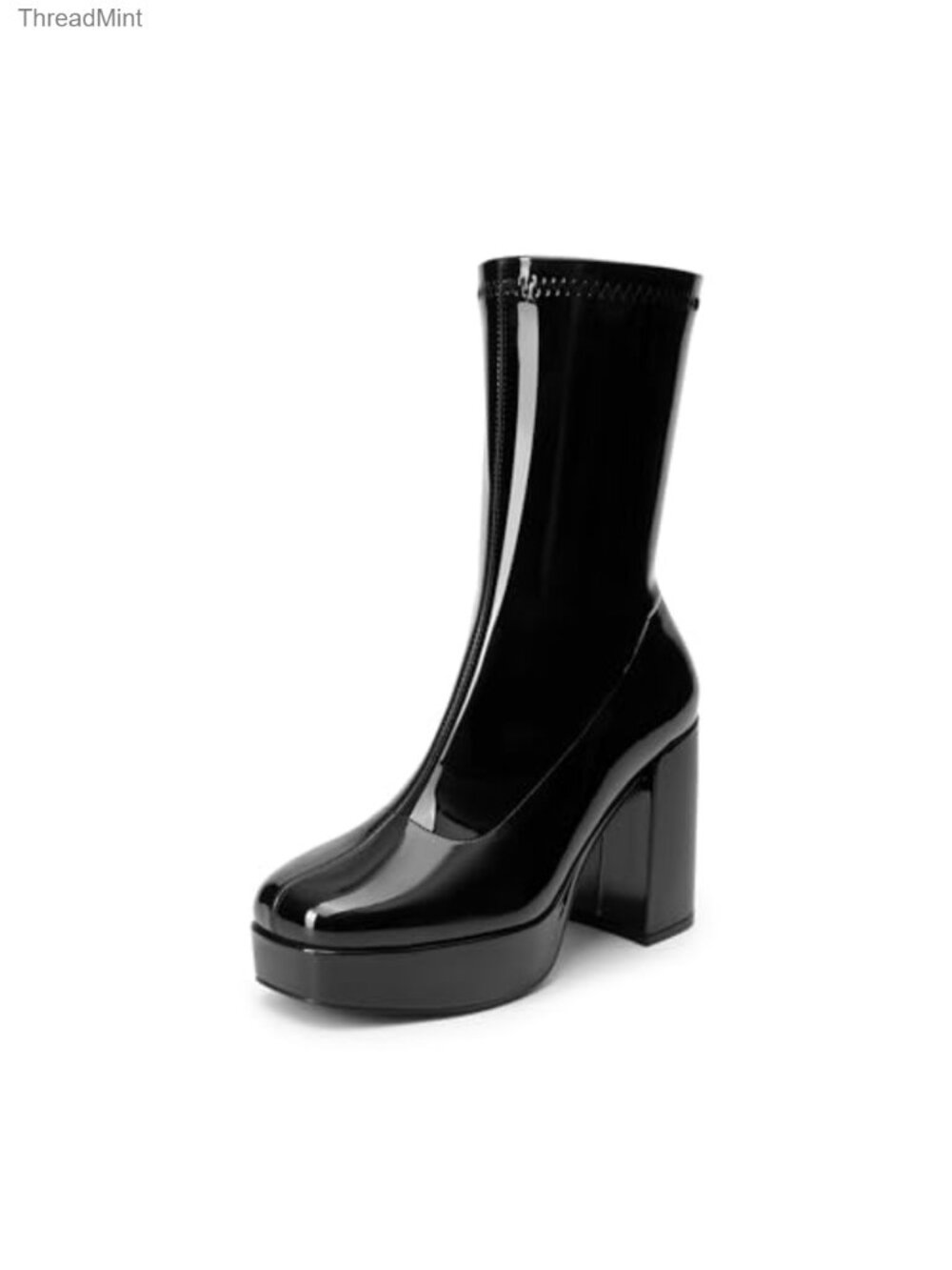 Faux Leather Square Toe Mid Calf Gogo Platform Heel Boots Womens